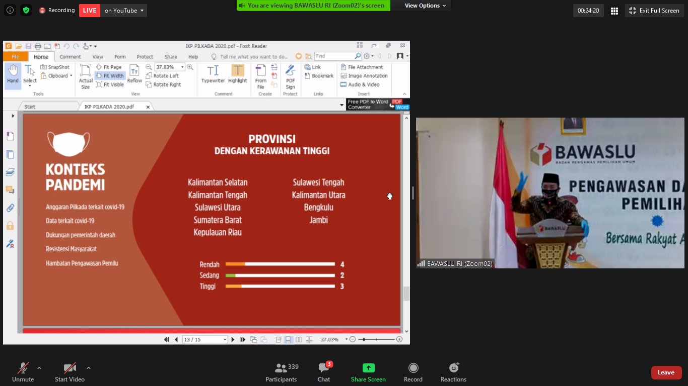 IKP Pilkada Termutakhir, Kerawanan Pilkada Meningkat Akibat Wabah. Bawaslu Luncurkan Pengawasan Pilkada